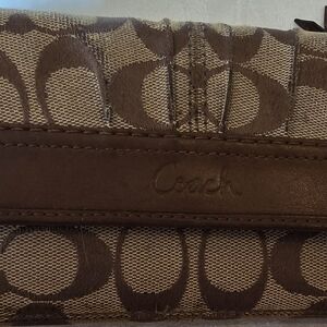 Vintage Coach Brown Leather Canvas Trifold Wallet with Snap Closure